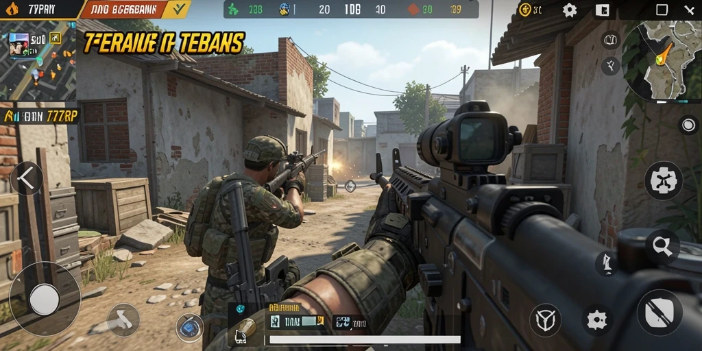 Tampilan utama gameplay 77RP dengan pertempuran FPS yang intens.