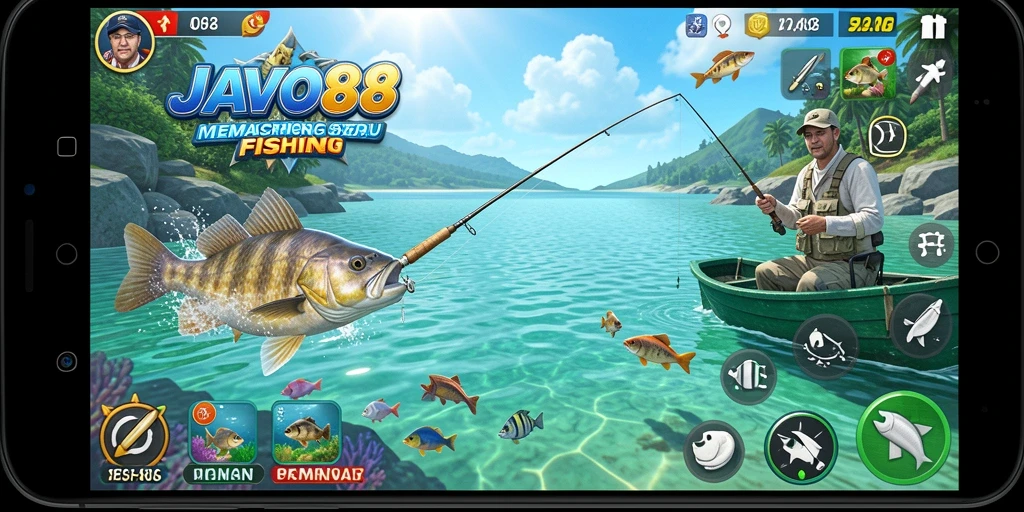 Screenshot menunjukkan gameplay memancing yang seru di JAVO88.