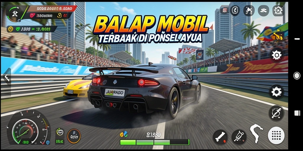 Screenshot JUARAGO menampilkan aksi balap mobil yang mendebarkan.