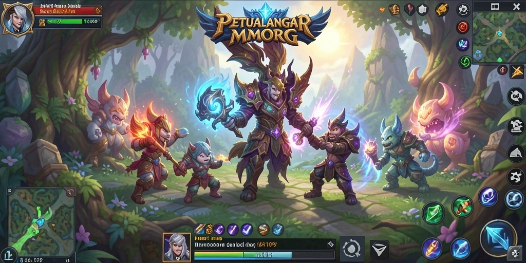 Screenshot gameplay MT777 menunjukkan aksi pertempuran yang mendebarkan dan dunia fantasi yang indah.