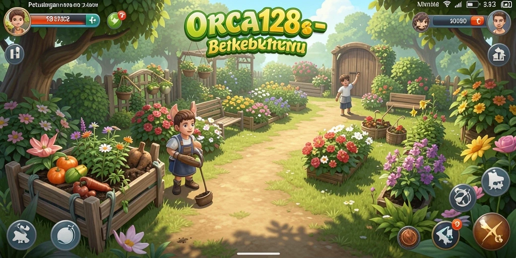 Tangkapan layar gameplay <strong>ORCA128</strong> menampilkan aktivitas berkebun yang seru.
