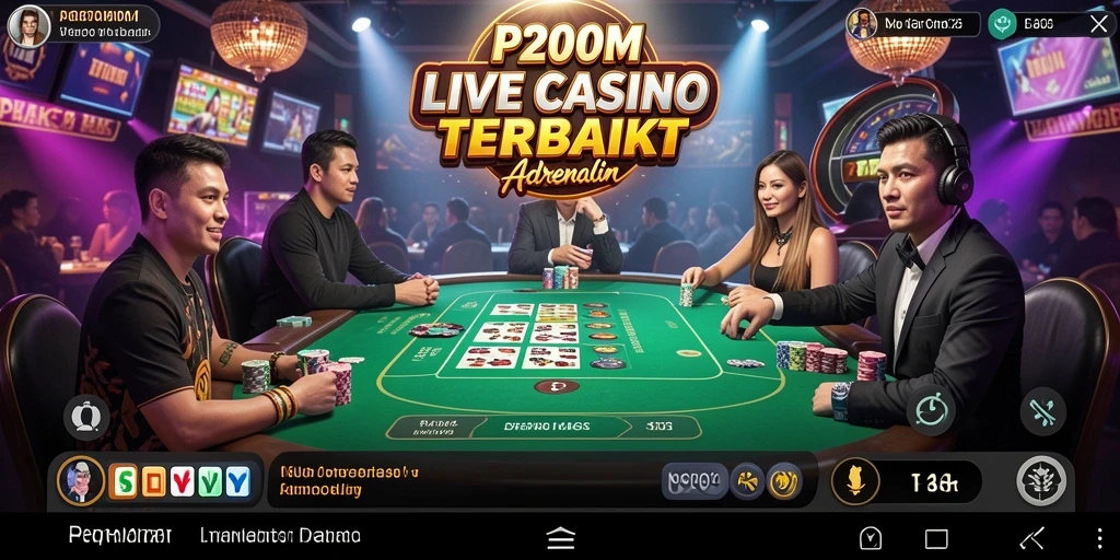 Screenshot gameplay P200M menunjukkan dealer langsung dan suasana kasino yang ramai.