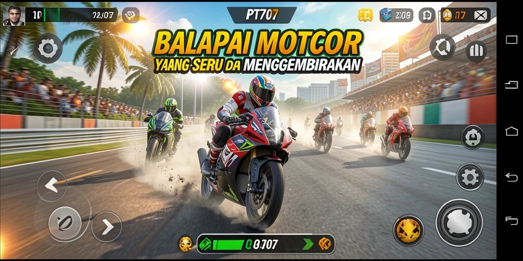 Screenshot gameplay PT707 menampilkan aksi balapan motor yang mendebarkan dan grafis yang mengagumkan.