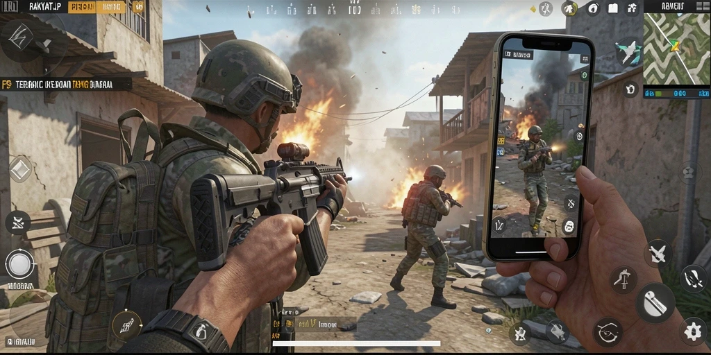 Screenshot utama RAKYATJP menampilkan aksi pertempuran intens FPS.