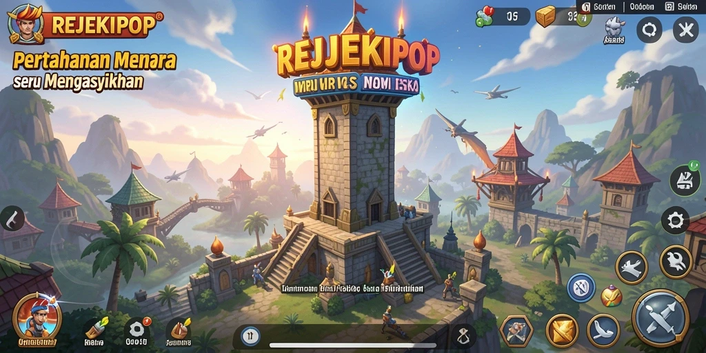 Tampilan gameplay seru dalam REJEKIPOP dengan pertahanan menara yang menantang.