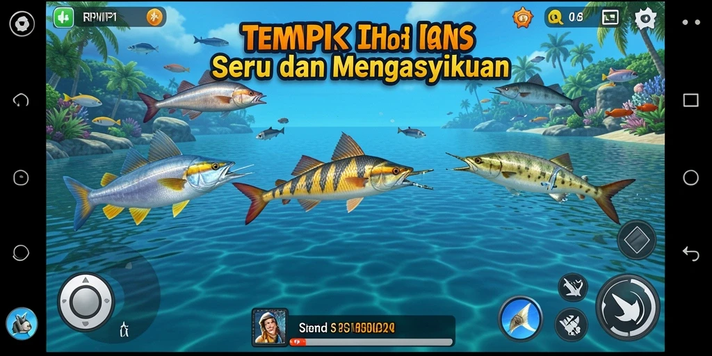 Screenshot utama RPVIP1 menampilkan aksi seru menangkap ikan.