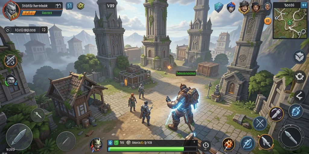 Gameplay V89 menampilkan pertempuran seru dan menara yang beragam.
